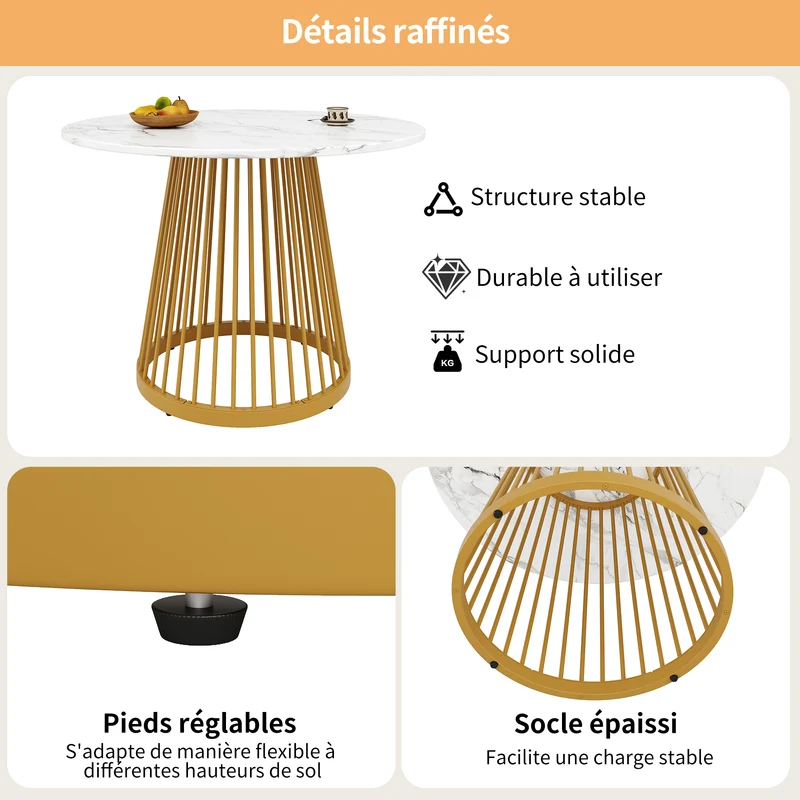 Table à manger ronde effet marbre blanc, pieds dorés 80x80x76cm ARMOIREDESIGN