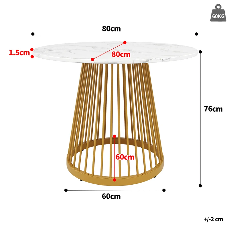 Table à manger ronde effet marbre blanc, pieds dorés 80x80x76cm ARMOIREDESIGN