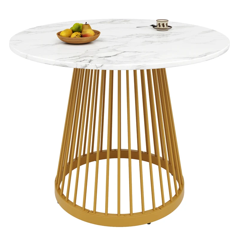 Table à manger ronde effet marbre blanc, pieds dorés 80x80x76cm ARMOIREDESIGN