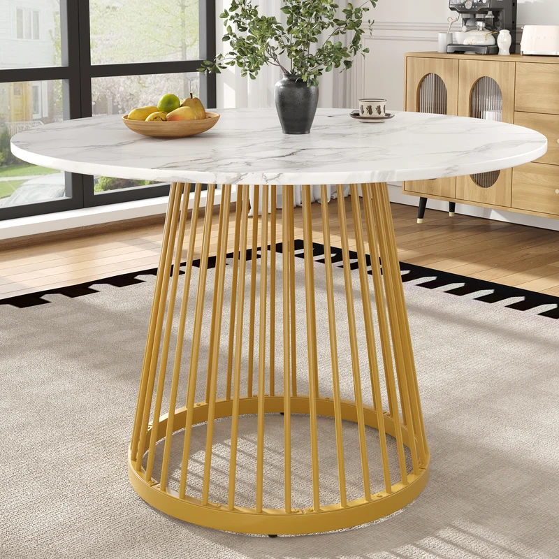 Table à manger ronde effet marbre blanc, pieds dorés 80x80x76cm ARMOIREDESIGN