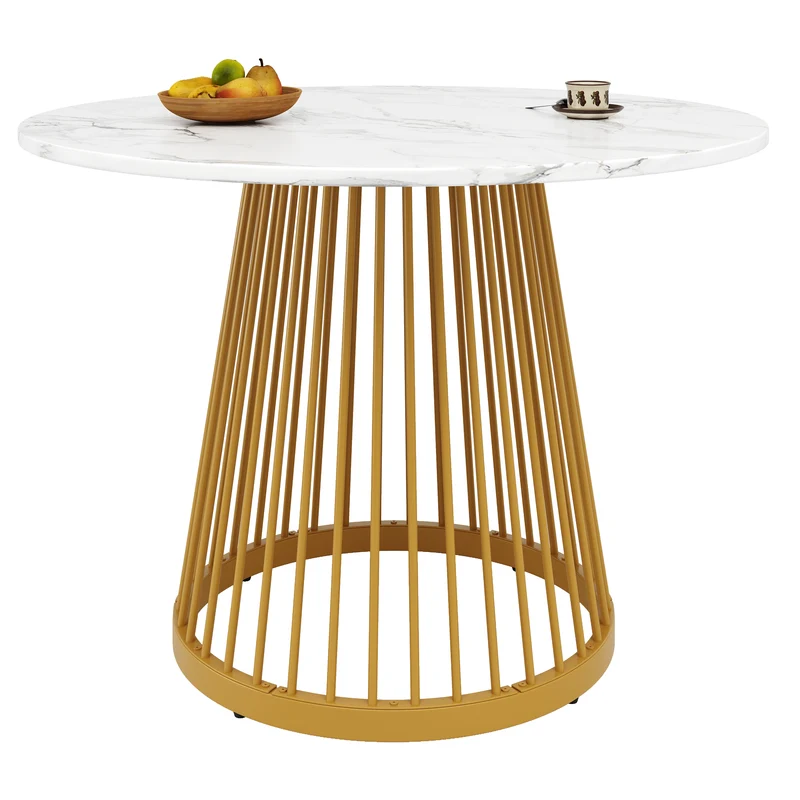 Table à manger ronde effet marbre blanc, pieds dorés 80x80x76cm ARMOIREDESIGN