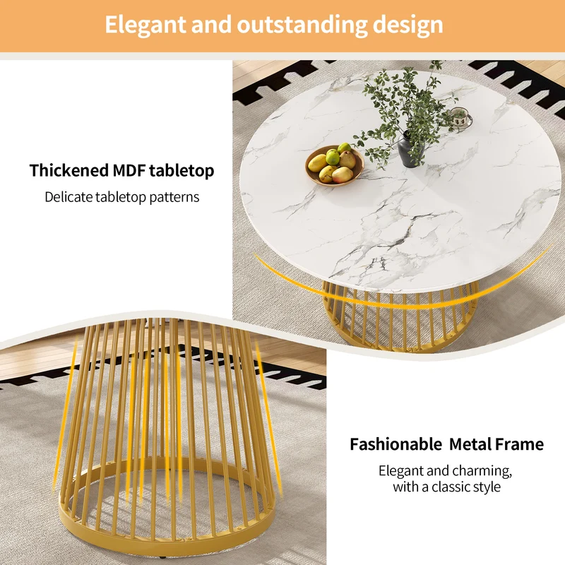 Table à manger ronde effet marbre blanc, pieds dorés 80x80x76cm ARMOIREDESIGN