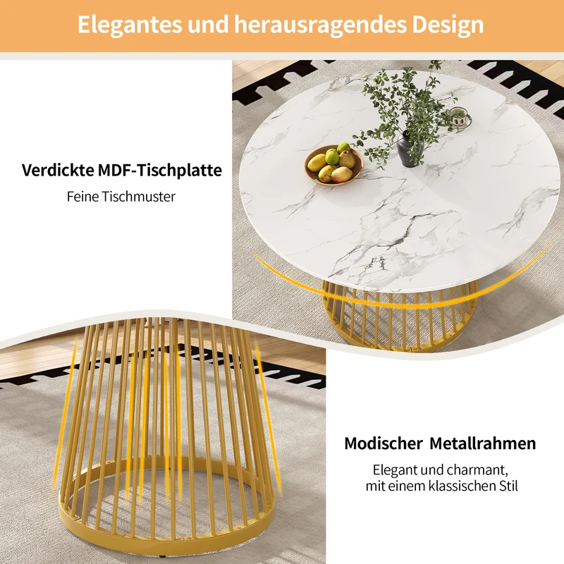 Table à manger ronde effet marbre blanc, pieds dorés 80x80x76cm ARMOIREDESIGN