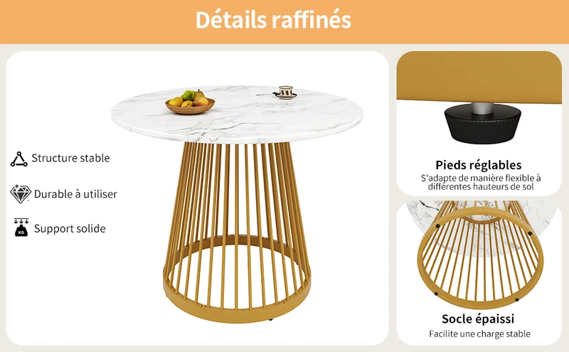 Table à manger ronde effet marbre blanc, pieds dorés 80x80x76cm ARMOIREDESIGN