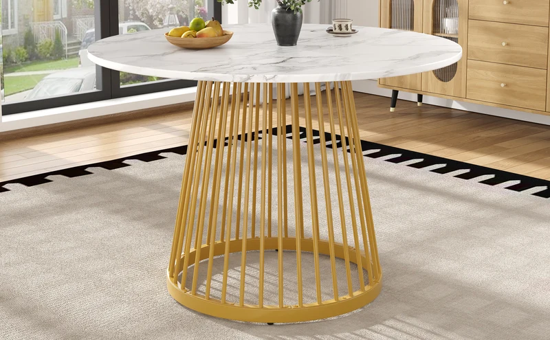 Table à manger ronde effet marbre blanc, pieds dorés 80x80x76cm ARMOIREDESIGN