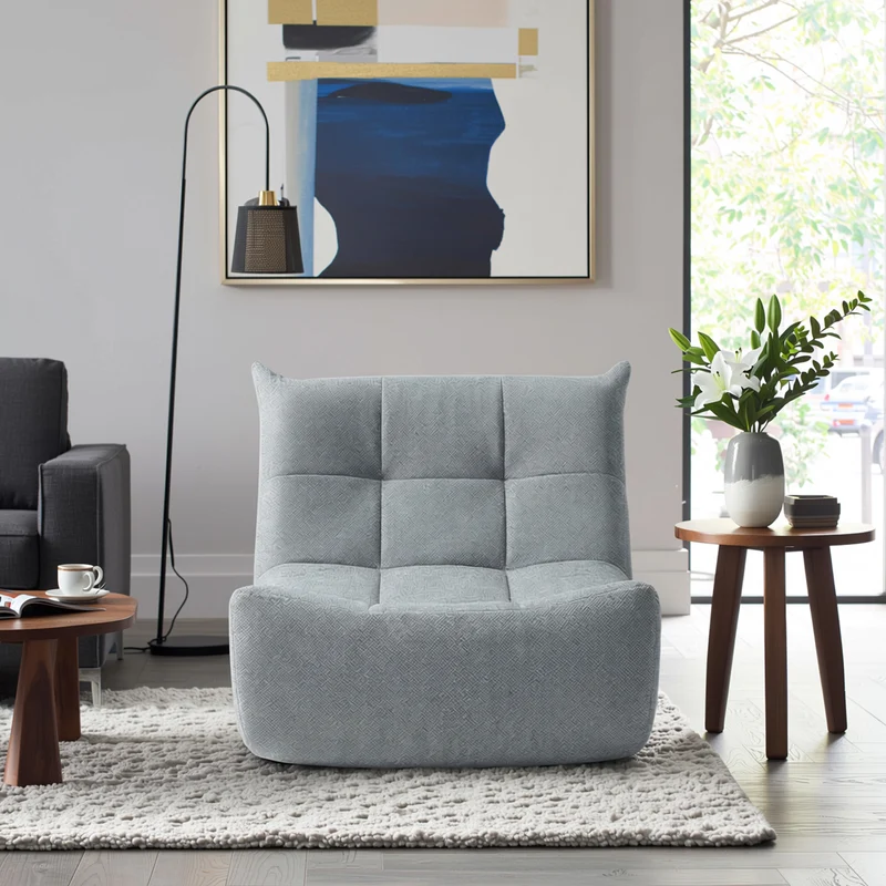 Fauteuil chauffeuse capitonné en tissu chenille gris, mousse mémoire CALCIUMCASCADE