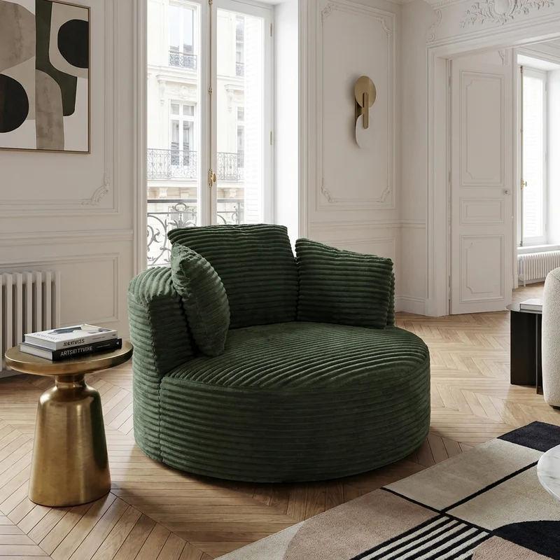 Fauteuil rond lounge en velours côtelé vert, assise profonde ADJUSTMAPLELINE