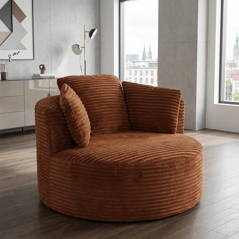 Fauteuil rond lounge en velours côtelé orange, assise profonde ADJUSTIRONSTYLE