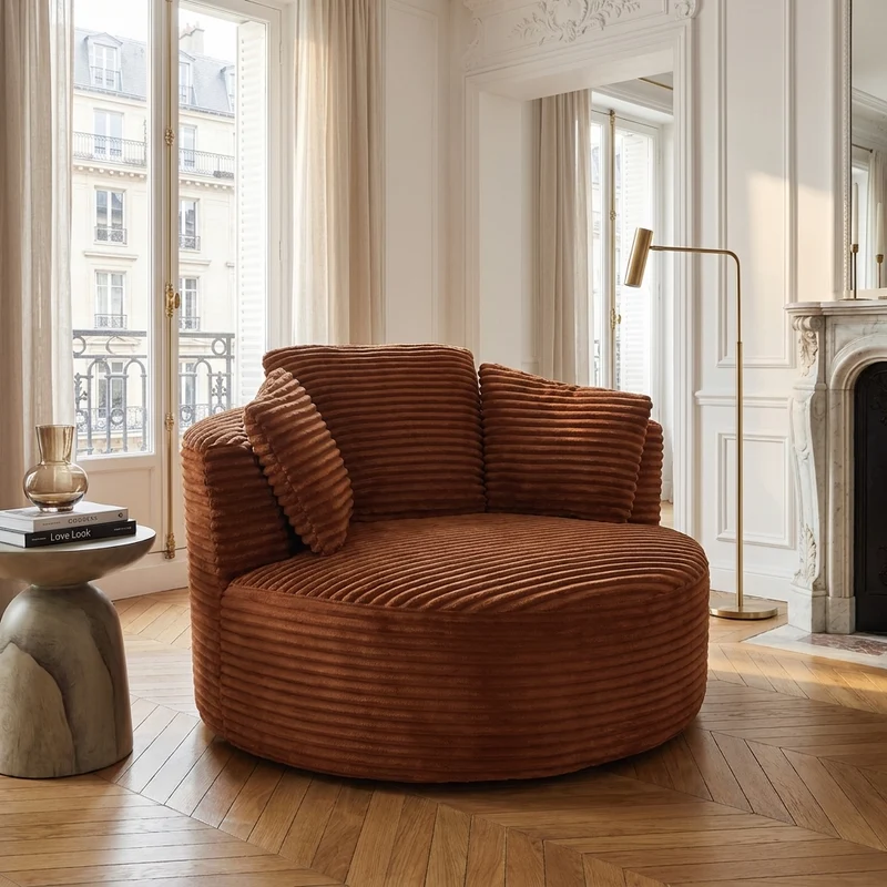 Fauteuil rond lounge en velours côtelé orange, assise profonde ADJUSTIRONSTYLE