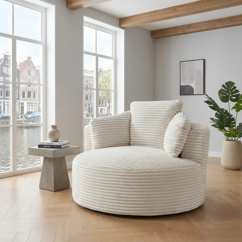 Fauteuil rond lounge en velours côtelé beige, assise profonde SAPPHIRESHORE