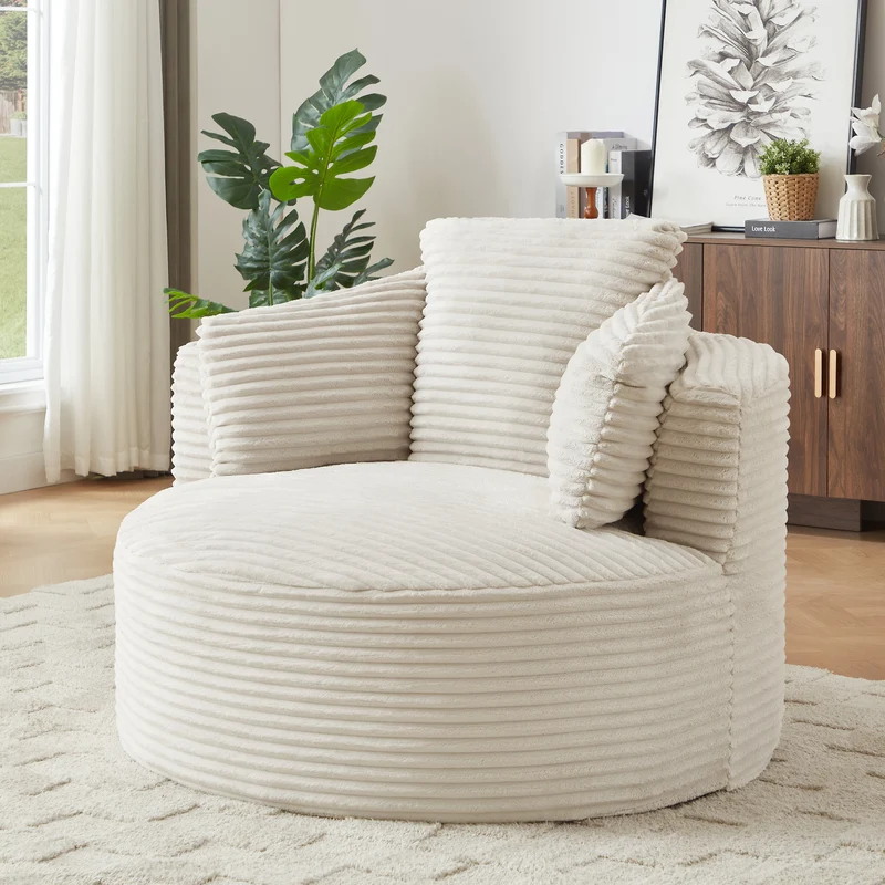 Fauteuil rond lounge en velours côtelé beige, assise profonde SAPPHIRESHORE