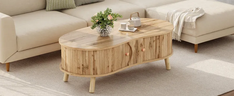 Table basse effet bois naturel design latte 2 portes coulissantes ADJUSTARMOIRE