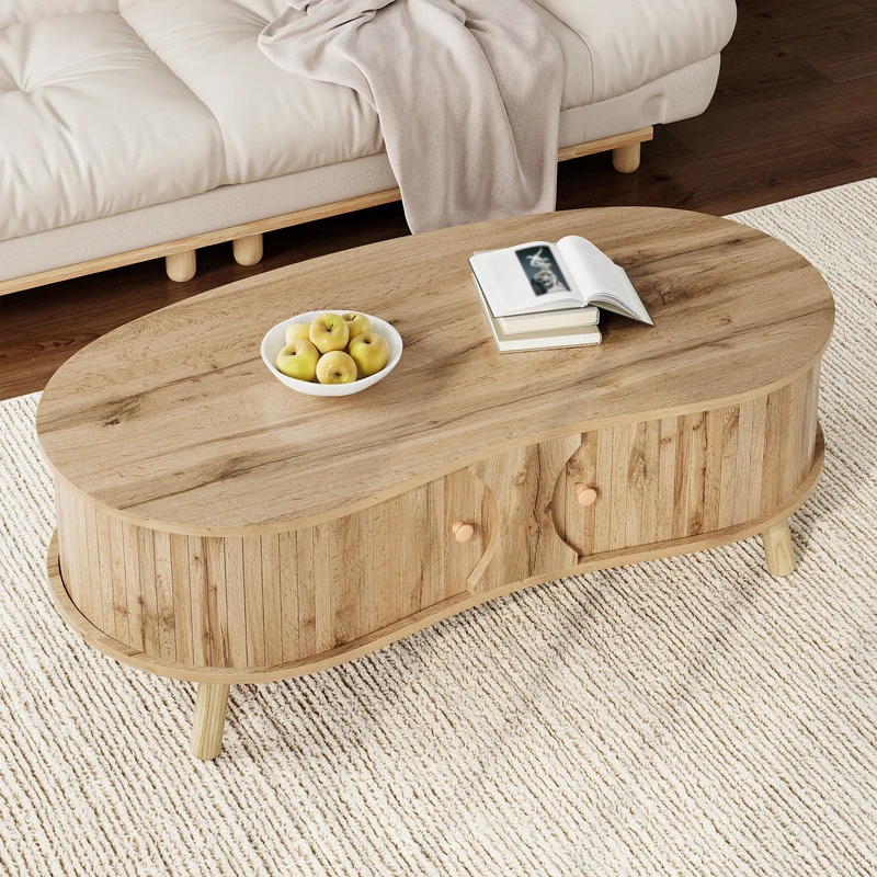 Table basse effet bois naturel design latte 2 portes coulissantes ADJUSTARMOIRE