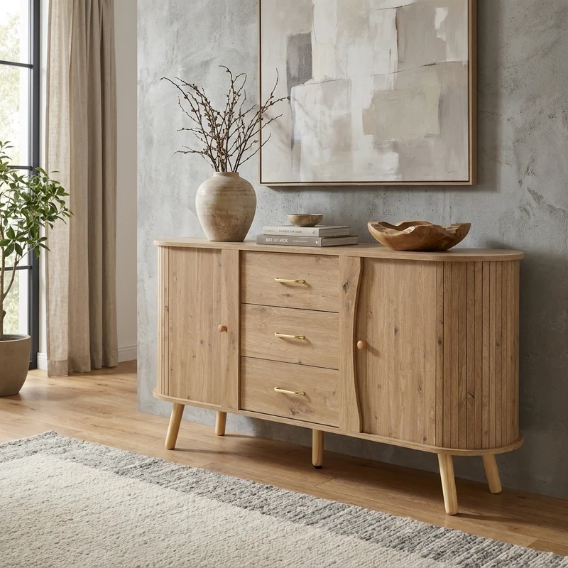 Buffet forme de pois effet bois naturel design latte 2 portes coulissantes 3 tiroirs TITANIUMTRAIL