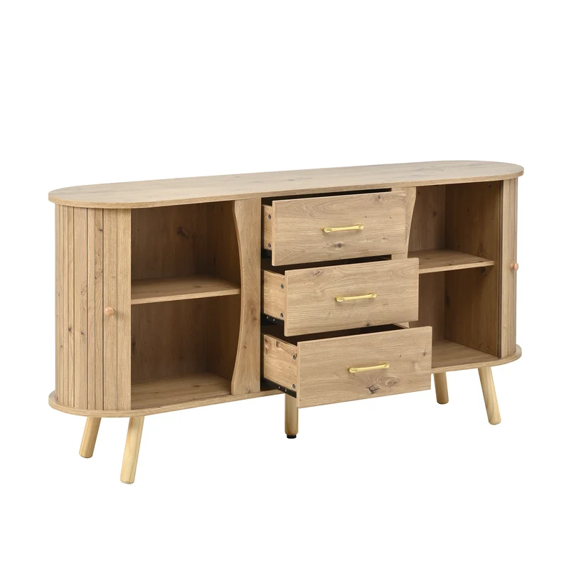 Buffet forme de pois effet bois naturel design latte 2 portes coulissantes 3 tiroirs TITANIUMTRAIL
