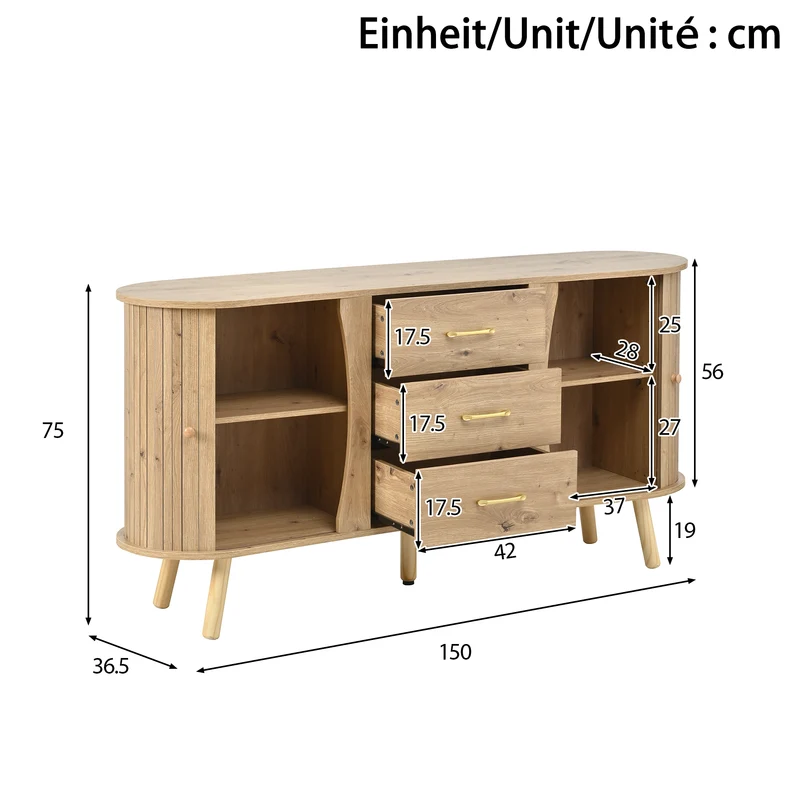 Buffet forme de pois effet bois naturel design latte 2 portes coulissantes 3 tiroirs TITANIUMTRAIL