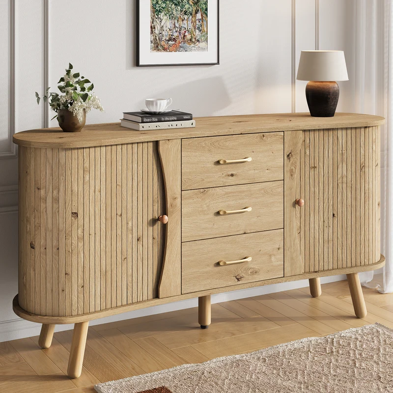 Buffet forme de pois effet bois naturel design latte 2 portes coulissantes 3 tiroirs TITANIUMTRAIL