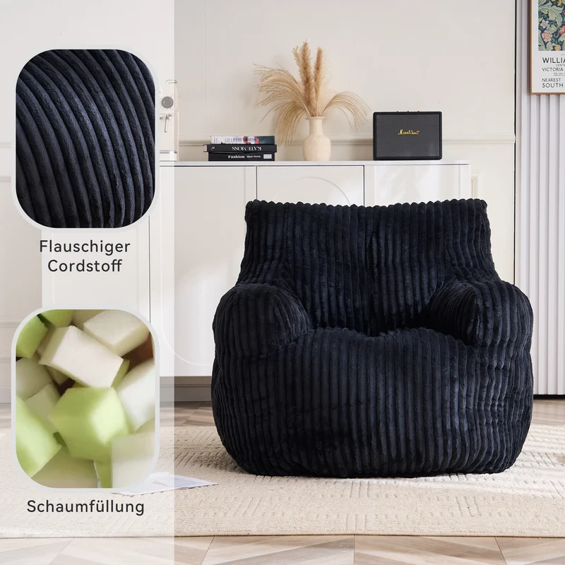 Fautueil poire pouf géant en velours côtelé noir mousse mémoire 100x94x70 cm ZINCZEPHYR