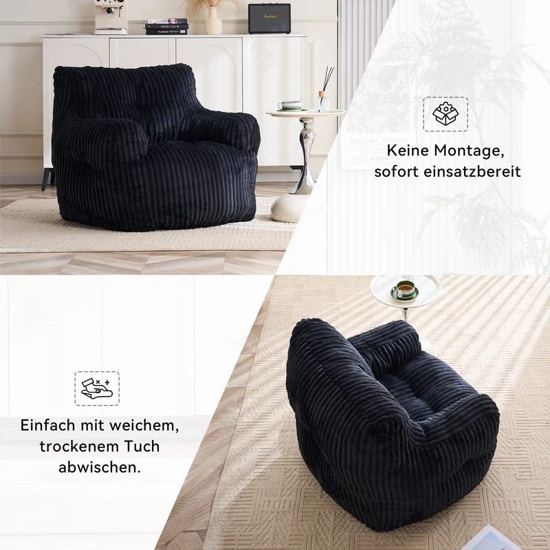 Fautueil poire pouf géant en velours côtelé noir mousse mémoire 100x94x70 cm ZINCZEPHYR