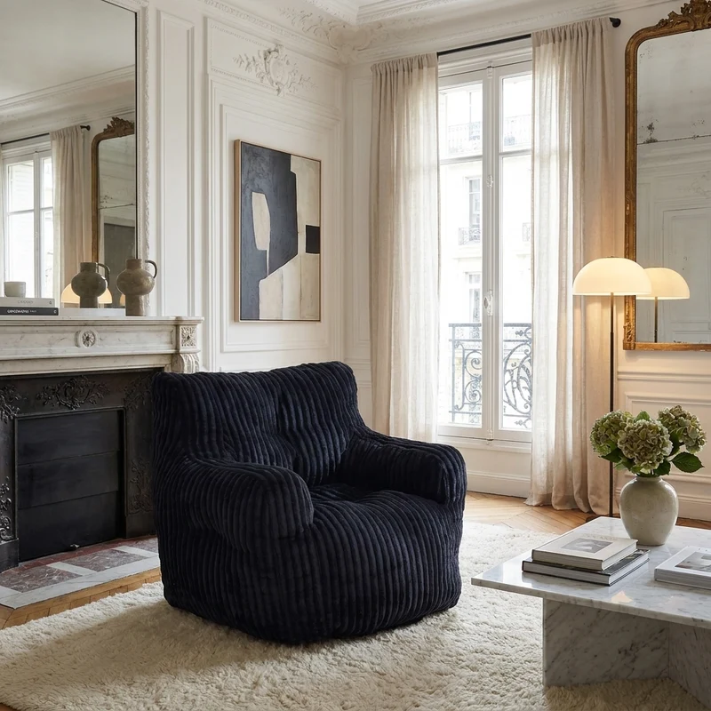 Fautueil poire pouf géant en velours côtelé noir mousse mémoire 100x94x70 cm ZINCZEPHYR