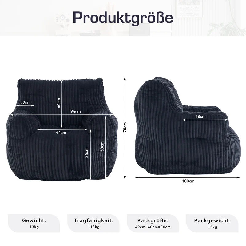 Fautueil poire pouf géant en velours côtelé noir mousse mémoire 100x94x70 cm ZINCZEPHYR