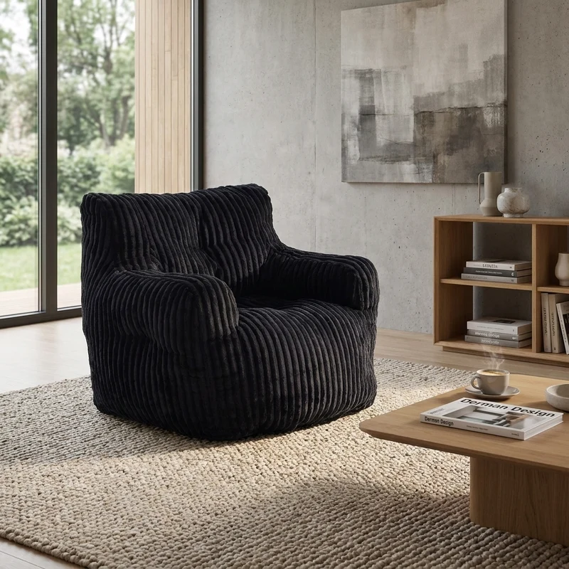 Fautueil poire pouf géant en velours côtelé noir mousse mémoire 100x94x70 cm ZINCZEPHYR