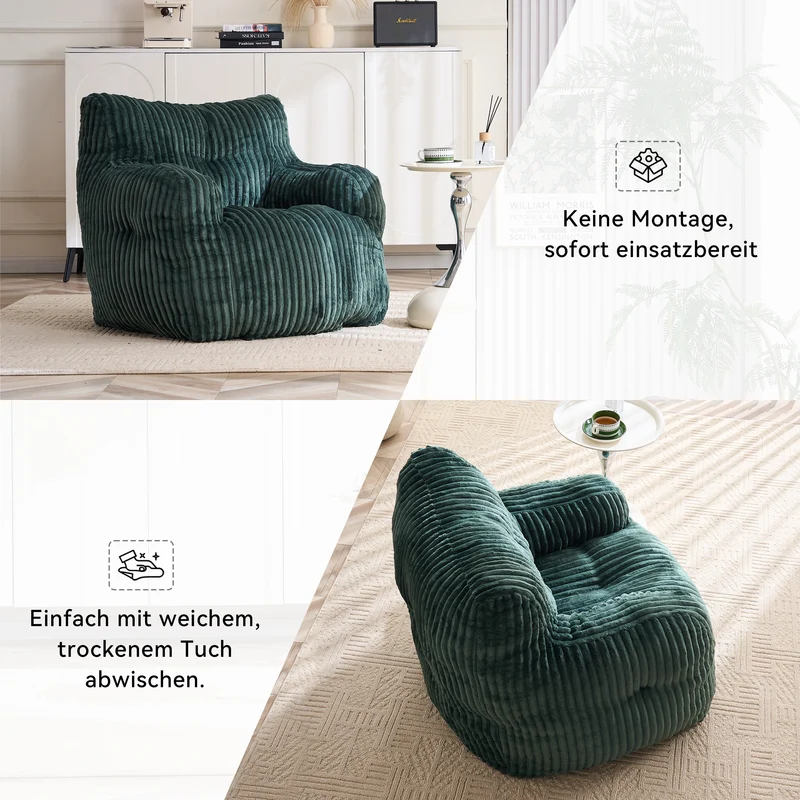 Fautueil poire pouf géant en velours côtelé vert sapin mousse mémoire 100x94x70 cm MAGNESIUMMIST