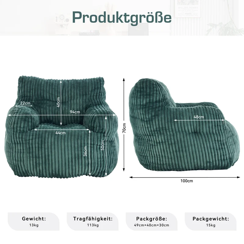 Fautueil poire pouf géant en velours côtelé vert sapin mousse mémoire 100x94x70 cm MAGNESIUMMIST