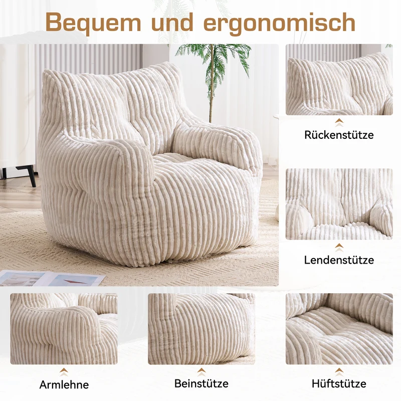 Fautueil poire pouf géant en velours côtelé beige mousse mémoire 100x94x70 cm ALUMINUMARIA