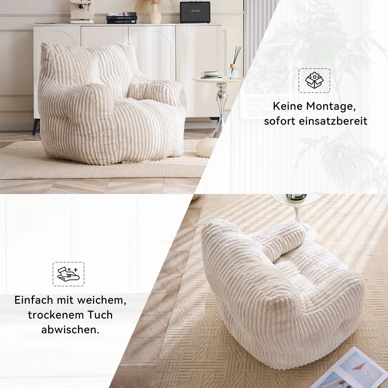 Fautueil poire pouf géant en velours côtelé beige mousse mémoire 100x94x70 cm ALUMINUMARIA