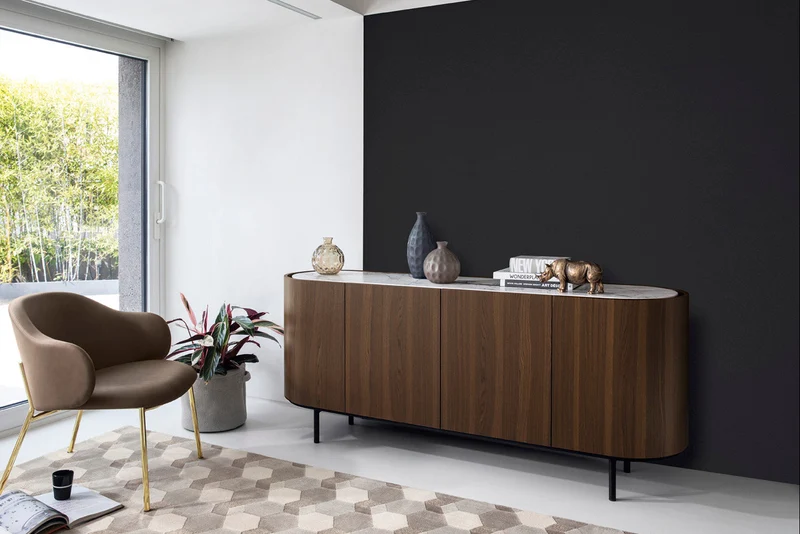 Bahut Lake | Buffet design 4 portes avec plateau en céramique et piètement métal