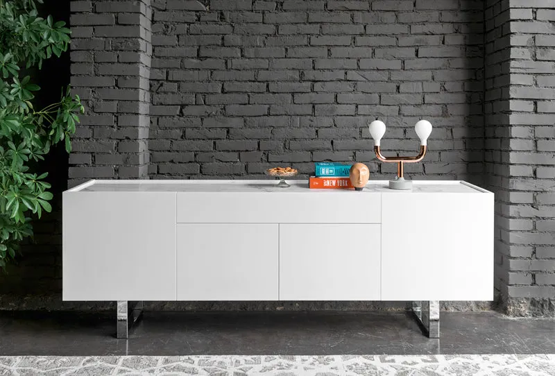 Bahut Horizon | Buffet design en bois avec plateau en céramique et piètement métal