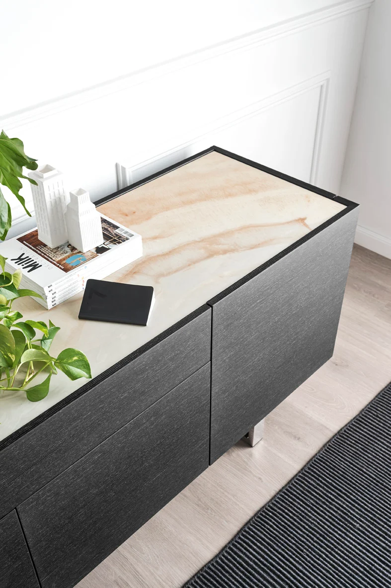 Bahut Horizon | Buffet design en bois avec plateau en céramique et piètement métal