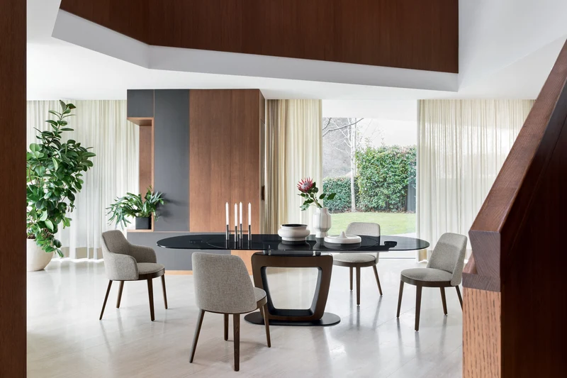 Table Orbital extensible | Table design avec piètement central, verre ou céramique