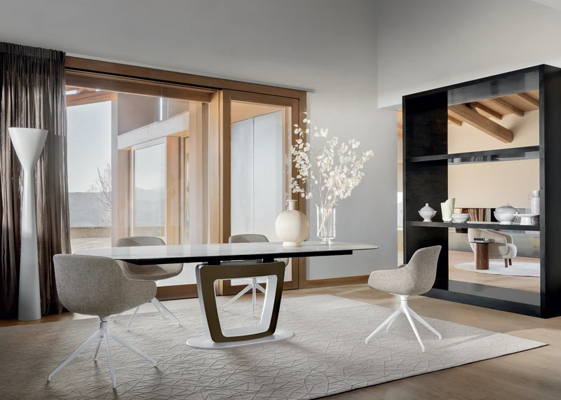 Table Orbital extensible | Table design avec piètement central, verre ou céramique