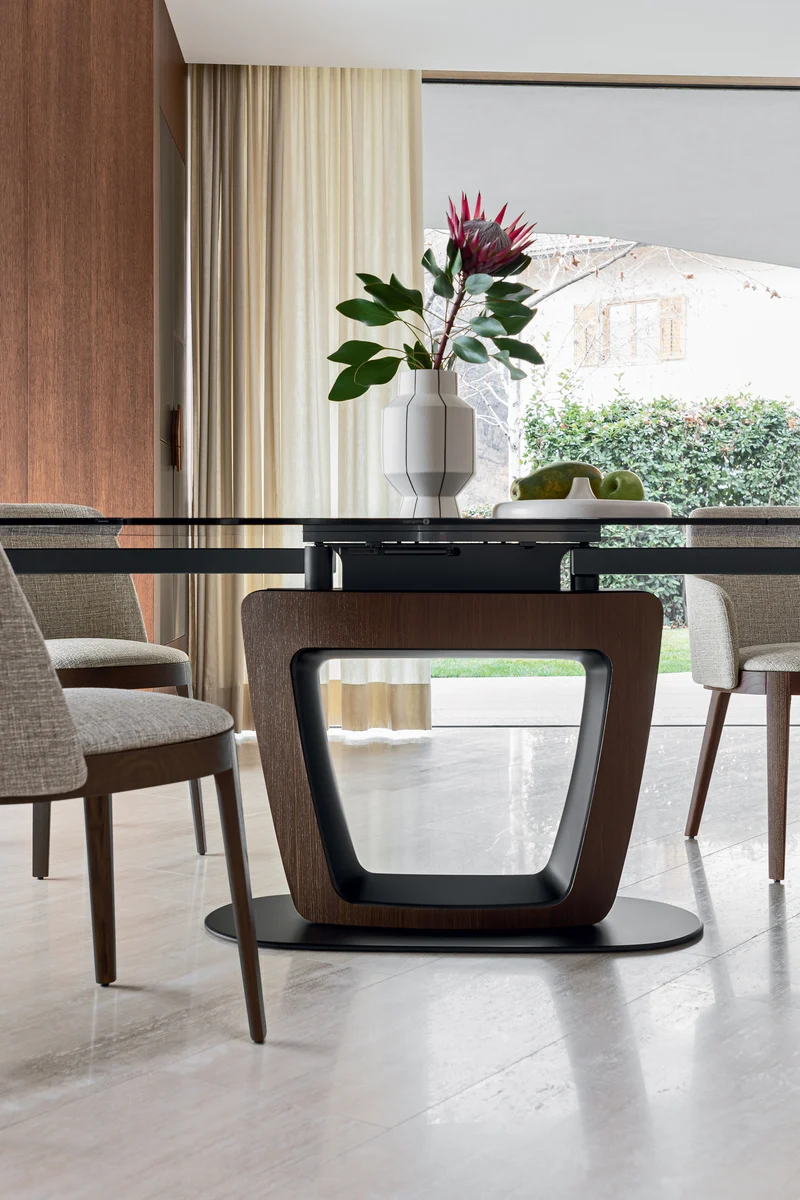 Table Orbital extensible | Table design avec piètement central, verre ou céramique