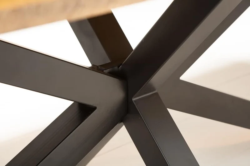 Table à manger industrielle solide GALAXIE 160cm en bois de manguier structure en forme d'étoile
