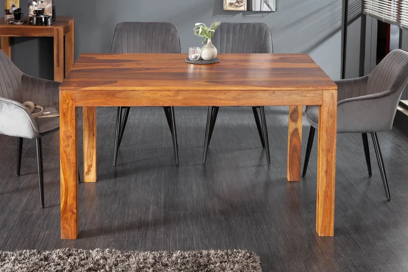Table à manger en bois massif PURE 135 cm marron bois de Sheesham finition pierre grain unique