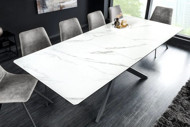 Table à manger extensible ALPINE 160-200cm céramique blanche marbre structure métal noir