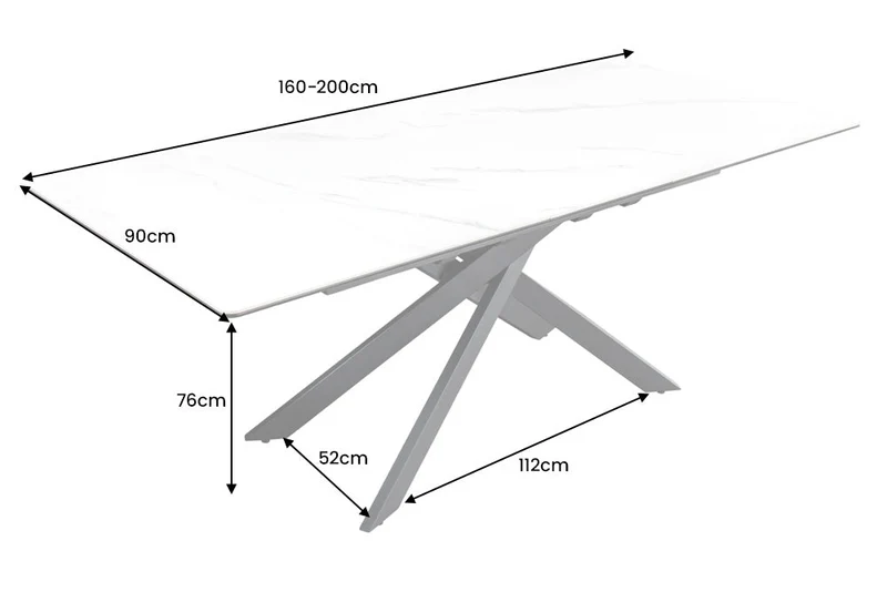 Table à manger extensible ALPINE 160-200cm céramique blanche marbre structure métal noir