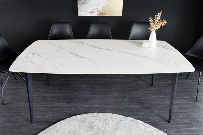 Table à manger MILANO 160cm marbre blanc céramique structure métal noir