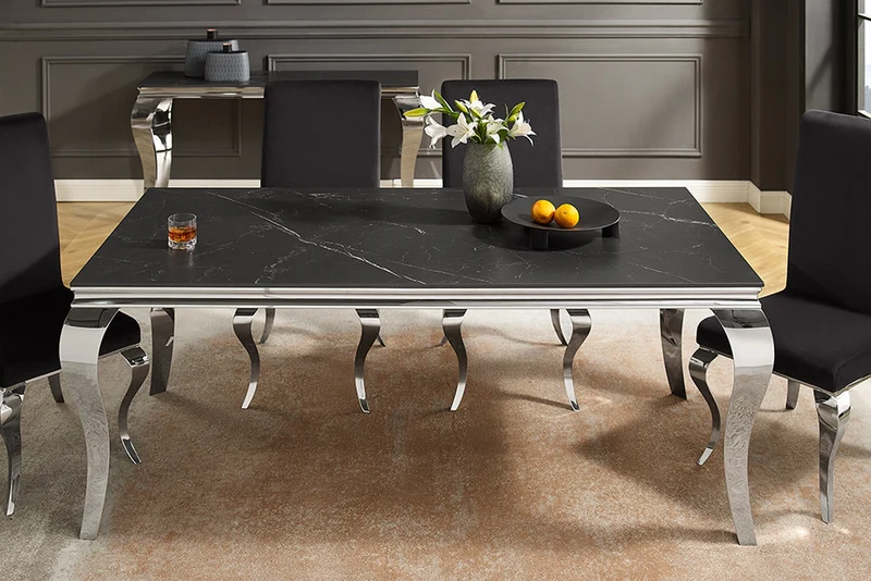 Table à manger design MODERNE BAROQUE 180cm noir anthracite chrome céramique marbre