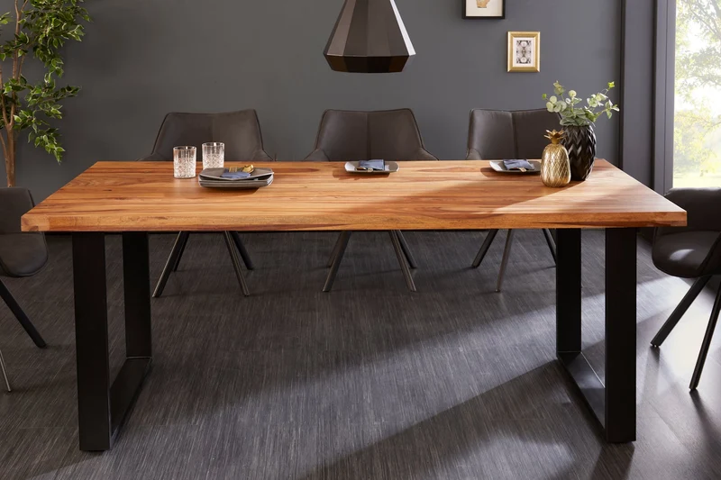 Table à manger en bois massif IRON CRAFT 160 cm marron noir finition pierre de Sheesham Industriel