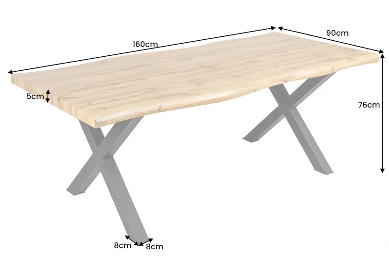 Table à manger industrielle WILD 160 cm design chêne sauvage marron bord d'arbre cadre en X noir
