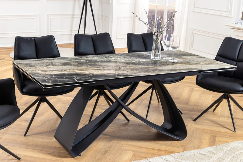 Table à manger extensible INFINITY 180-260cm taupe céramique marbre noir métal