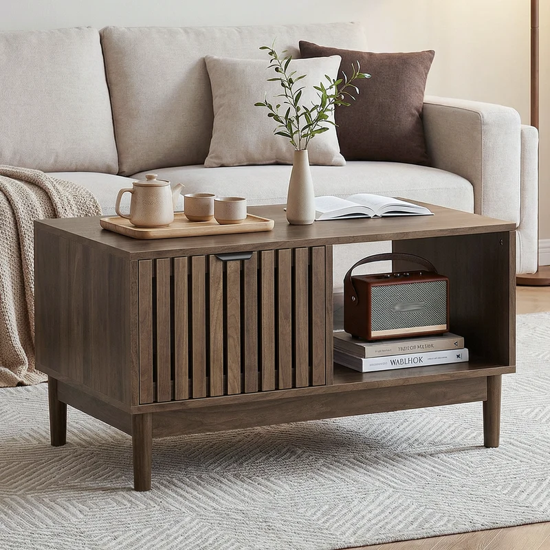 Table basse effet noyer design latte 1 tiroir et niche ouvertes 80x50x45cm ADJUSTWICKERELITE