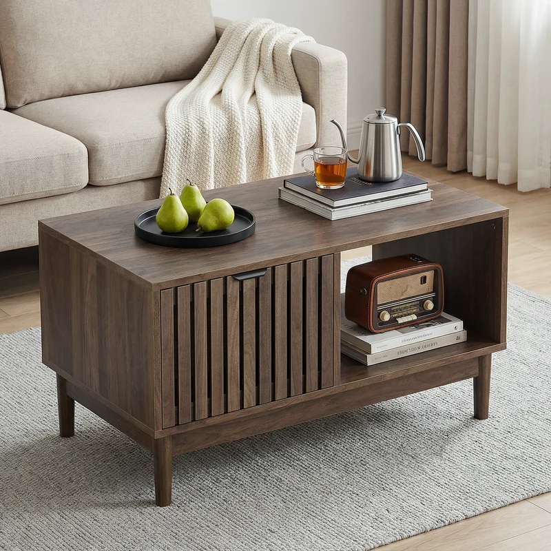 Table basse effet noyer design latte 1 tiroir et niche ouvertes 80x50x45cm ADJUSTWICKERELITE