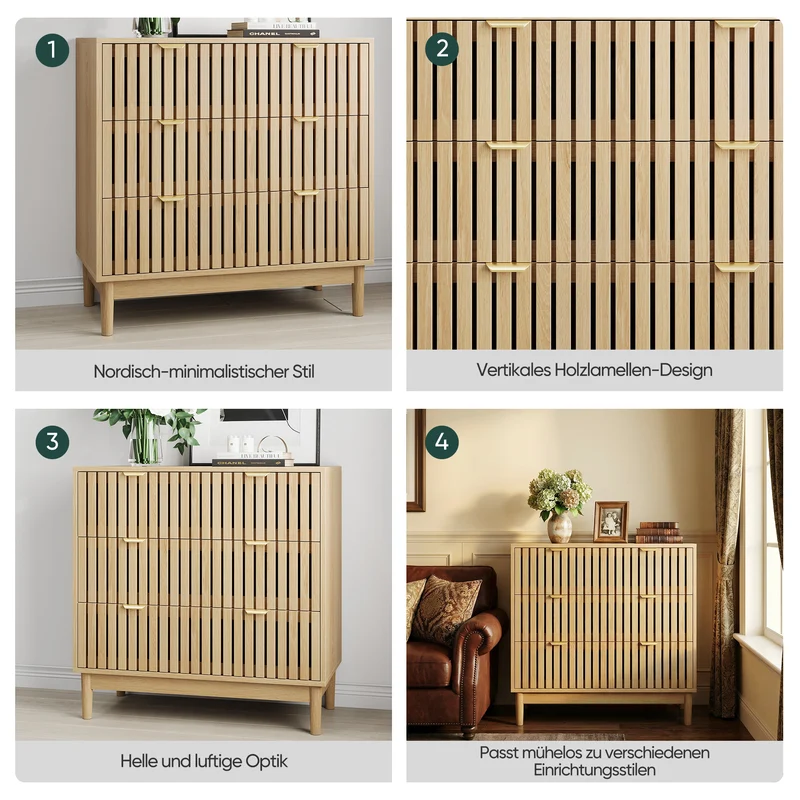 Buffet design latte effet chêne 3 tiroirs 80x39x80cm PEARLPINNACLE