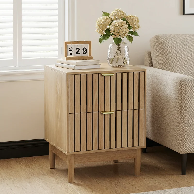 Table de chevet design latte effet chêne 2 tiroirs ALUMINUMARMOIRE