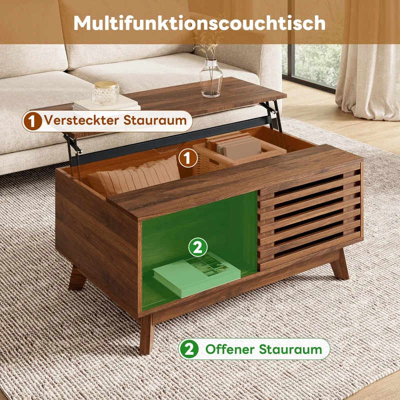 Table basse revelable réglable en hauteur effet noyer 90x55x57,5 cm ADJUSTCHEST